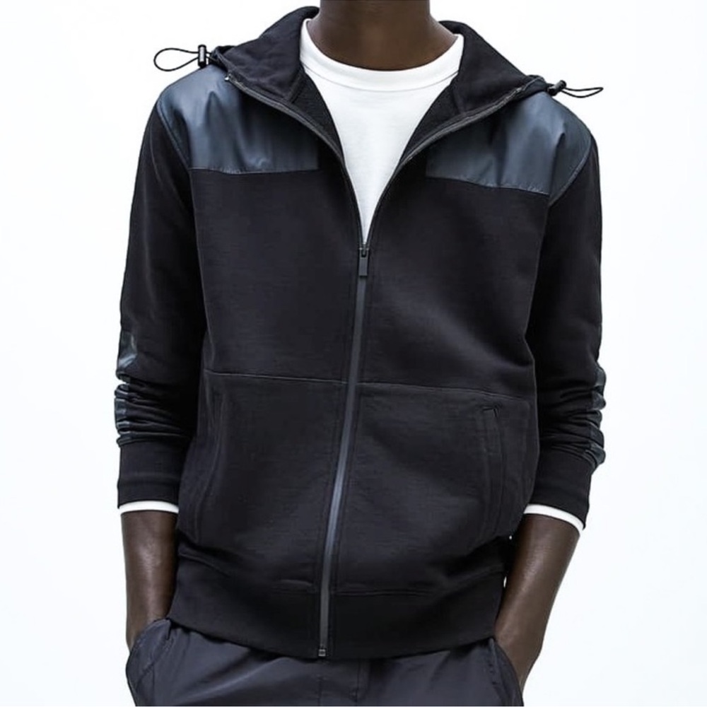 Zara Men Black Hooded Technical Full zip Sweatshirt- Sz S